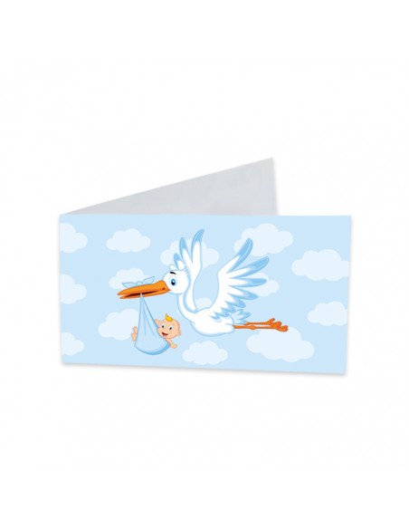 25 BIGLIETTINI CICOGNA CELESTE CM.9X2,5 - L'Officina delle feste