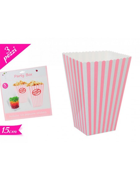 BOX POP CORN 3PZ ROSA RIGHE CM.15X6,5X5,5 - L'Officina delle