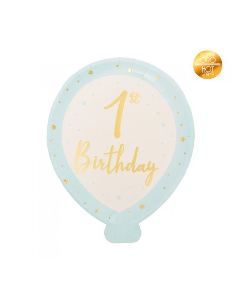 8 PIATTI PALLONE 1ST BIRTHDAY CELESTE E ORO METAL CM20X24 -
