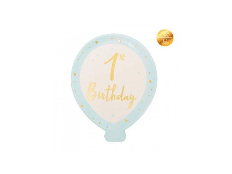 8 PIATTI PALLONE 1ST BIRTHDAY CELESTE E ORO METAL CM20X24 -