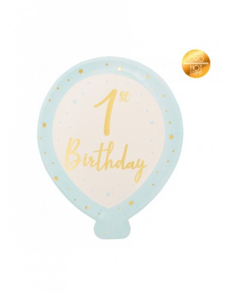 8 PIATTI PALLONE 1ST BIRTHDAY CELESTE E ORO METAL CM20X24 - 8 PIATTI PALLONE 1ST BIRTHDAY CELESTE E ORO METAL CM20X24 -