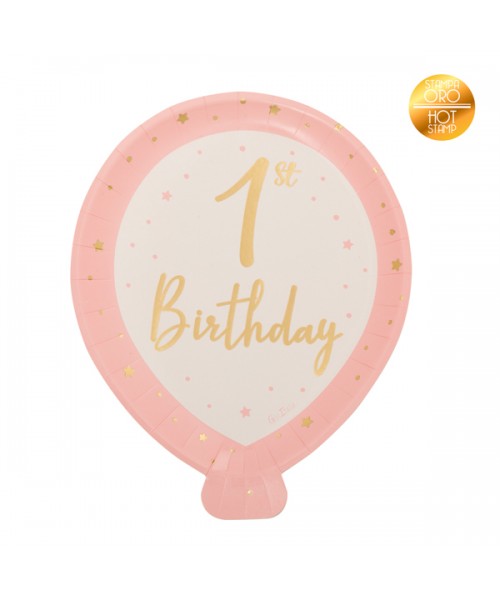 8 PIATTI PALLONE 1ST BIRTHDAY ROSA E ORO METAL CM20X24 -