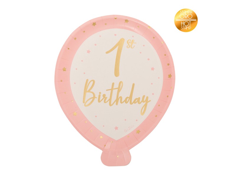 8 PIATTI PALLONE 1ST BIRTHDAY ROSA E ORO METAL CM20X24 -