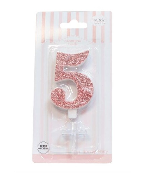 CANDELA GLITTER ROSA GOLD N° 5 CM. 9,5 H. - L'Officina delle