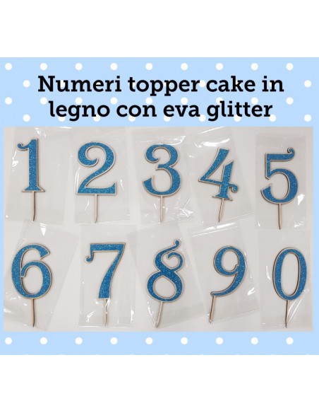 NUMERO LEGNO 5 CON EVA GLITTER CELESTE CM. H. 14CM TOPPER CAKE