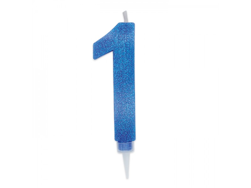 CANDELA NUMERO 1 CERA BLU GLITTER 15CM - L'Officina delle feste