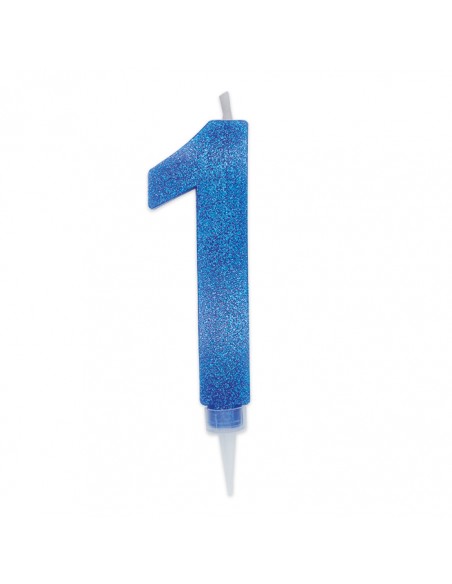 CANDELA NUMERO 1 CERA BLU GLITTER 15CM - L'Officina delle feste