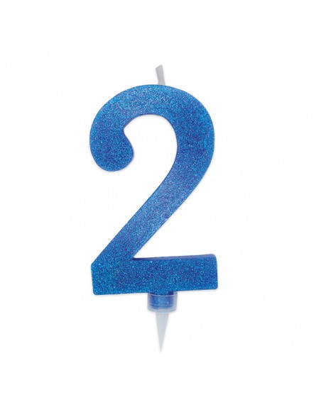 CANDELA NUMERO 2 CERA BLU GLITTER 15CM - L'Officina delle feste
