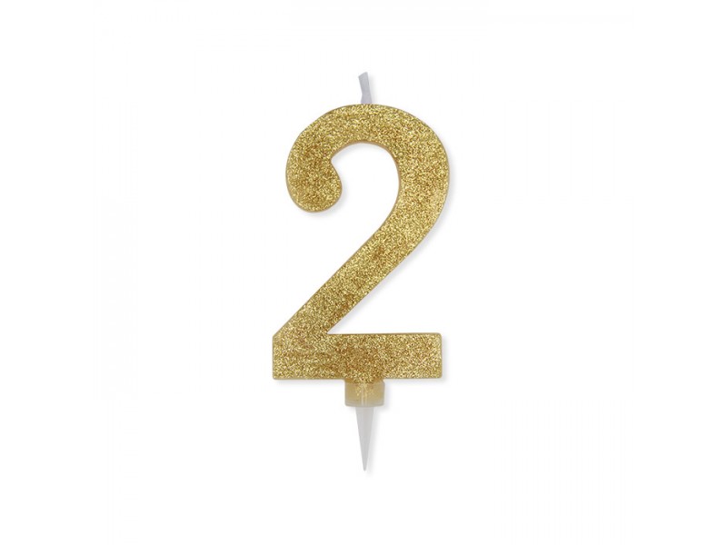 CANDELA NUMERO 2 CERA ORO GLITTER 15CM - L'Officina delle feste