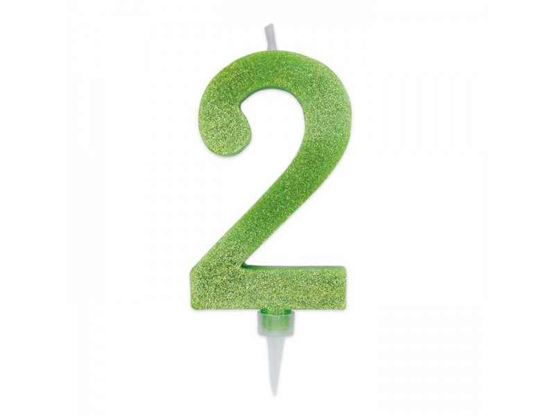 CANDELA NUMERO 2 CERA VERDE M. GLITTER 15CM - L'Officina delle