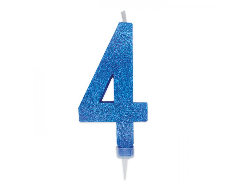 CANDELA NUMERO 4 CERA BLU GLITTER 15CM - L'Officina delle feste