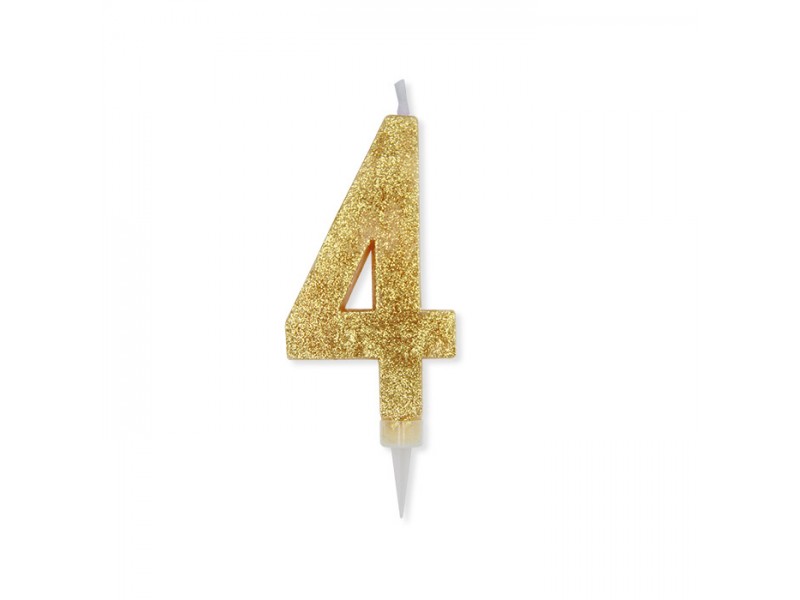 CANDELA NUMERO 4 CERA ORO GLITTER 15CM - L'Officina delle feste