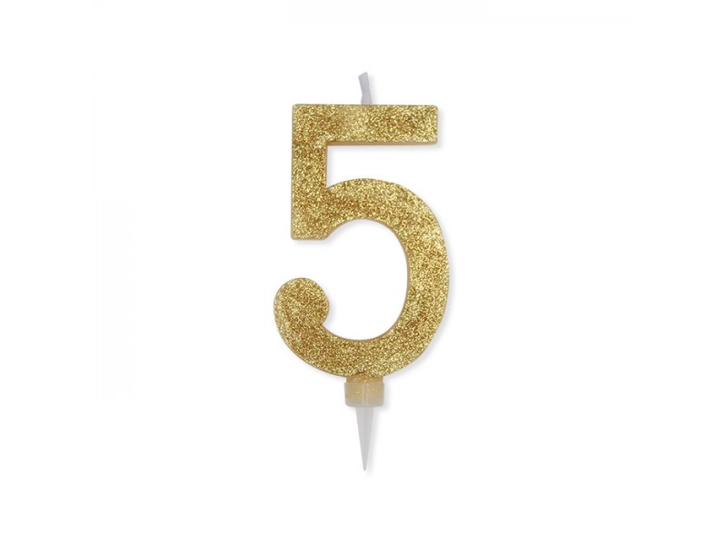 CANDELA NUMERO 5 CERA ORO GLITTER 15CM - L'Officina delle feste