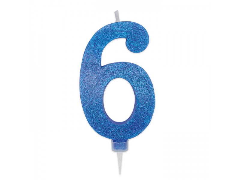 CANDELA NUMERO 6 CERA BLU GLITTER 15CM - L'Officina delle feste