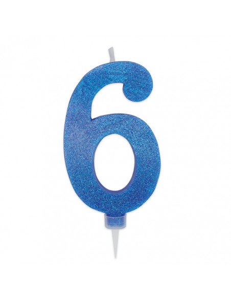 CANDELA NUMERO 6 CERA BLU GLITTER 15CM - L'Officina delle feste