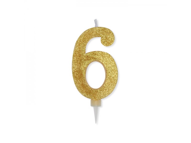 CANDELA NUMERO 6 CERA ORO GLITTER 15CM - L'Officina delle feste
