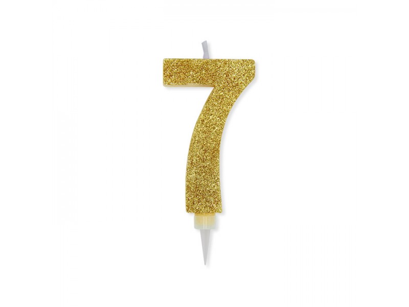 CANDELA NUMERO 7 CERA ORO GLITTER 15CM - L'Officina delle feste