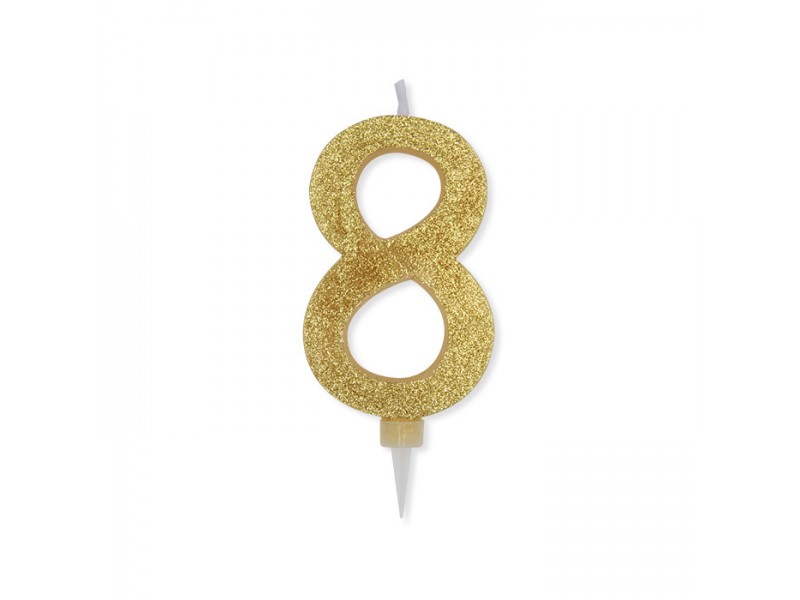 CANDELA NUMERO 8 CERA ORO GLITTER 15CM - L'Officina delle feste