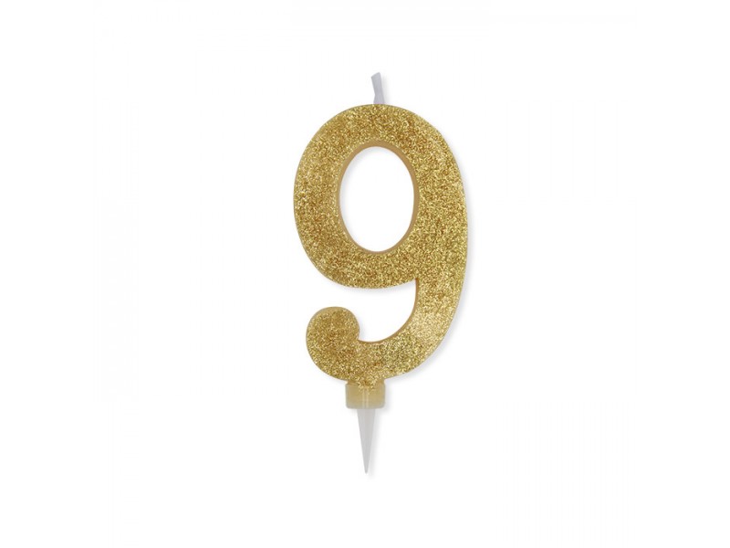 CANDELA NUMERO 9 CERA ORO GLITTER 15CM - L'Officina delle feste