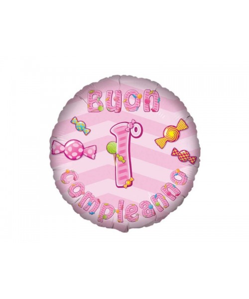 PALLONE MYLAR 18" BUON 1° COMPLEANNO ROSA - L'Officina delle