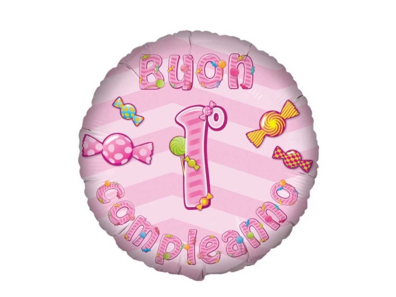 PALLONE MYLAR 18" BUON 1° COMPLEANNO ROSA - L'Officina delle