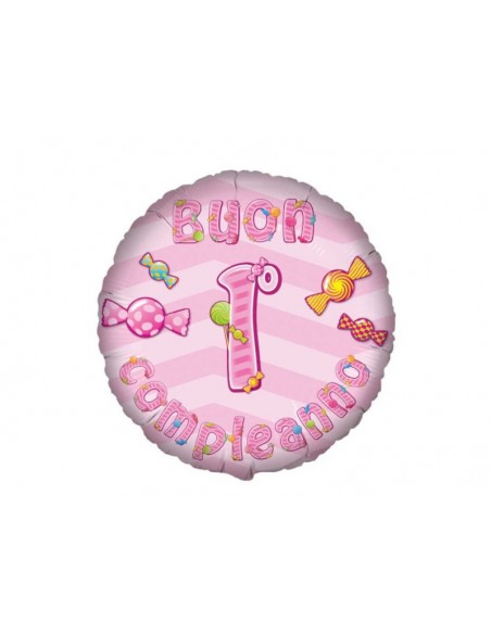PALLONE MYLAR 18" BUON 1° COMPLEANNO ROSA - L'Officina delle