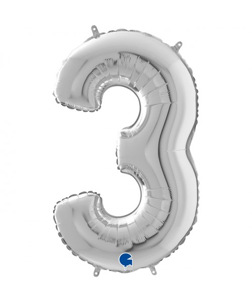 PALLONE MYLAR MEGA NUMERO N. 3 ARGENTO 102CM - L'Officina delle