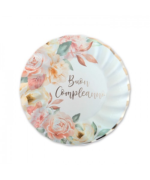 PIATTO CARTA 18CM. BUON COMPLEANNO ROSE GOLD 8PZ - L'Officina