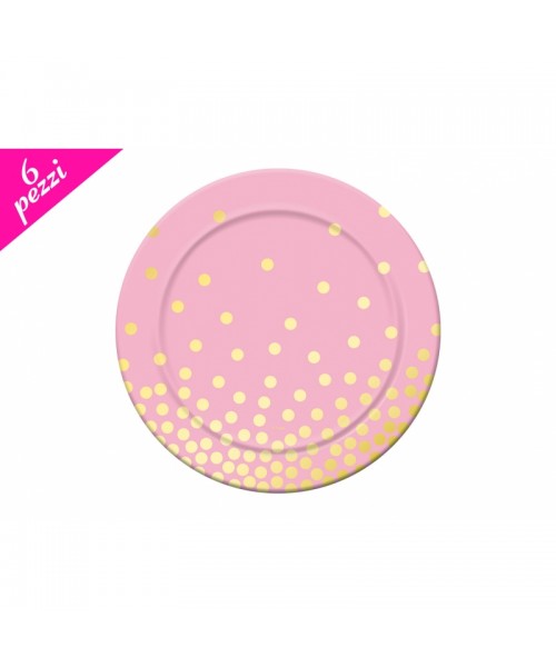 PIATTO CARTA ROSA POIS ORO 6PZ 18CM 2