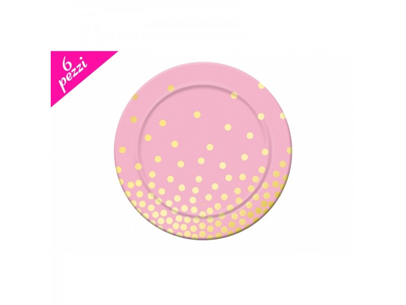 PIATTO CARTA ROSA POIS ORO 6PZ 18CM - L'Officina delle feste