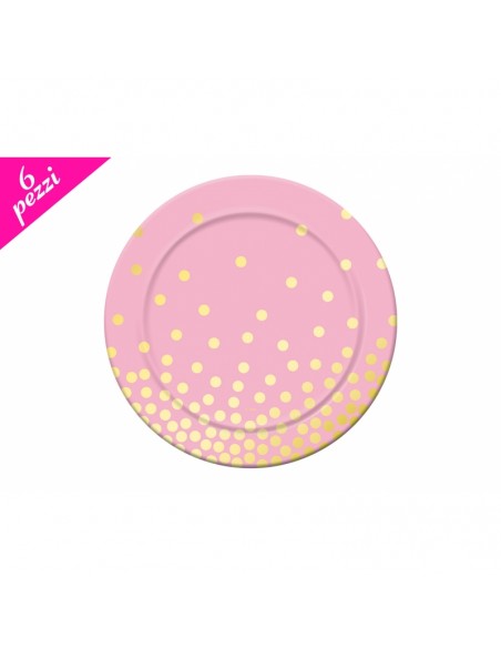PIATTO CARTA ROSA POIS ORO 6PZ 18CM - L'Officina delle feste