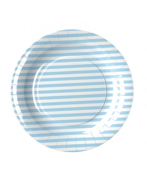 PIATTO CARTA BIANCO A RIGHE CELESTE 8PZ - L'Officina delle feste