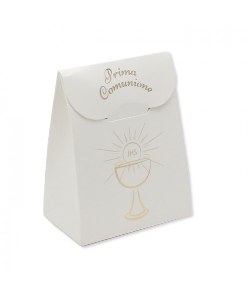 25 SCATOLINE CARTA BIANCA 6 x 8 x 3,5 cm COMUNIONE SCRITTA ORO