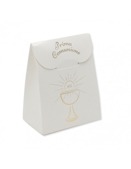 25 SCATOLINE CARTA BIANCA 6 x 8 x 3,5 cm COMUNIONE SCRITTA ORO