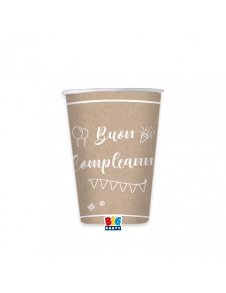 8 BICCHIERI CARTA 200CC BUON COMPLEANNO KRAFT - L'Officina
