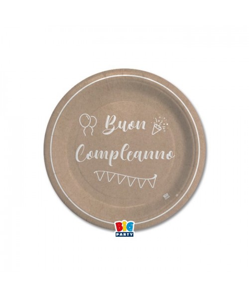 8 PIATTI CM.18 BUON COMPLEANNO KRAFT PLASTIC FREE - L'Officina