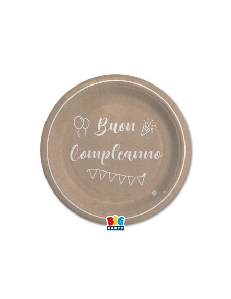 8 PIATTI CM.18 BUON COMPLEANNO KRAFT PLASTIC FREE - L'Officina