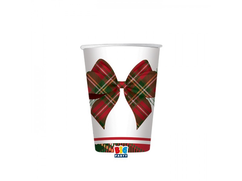 8 BICCHIERI CARTA 200CC NATALE TARTAN HOLLY PLASTIC FREE -