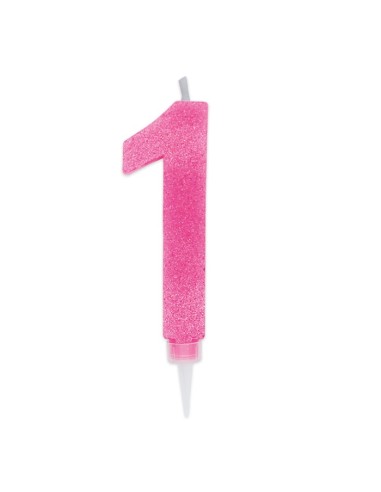 CANDELA NUMERO 1 CERA FUXIA GLITTER 15CM - L'Officina delle