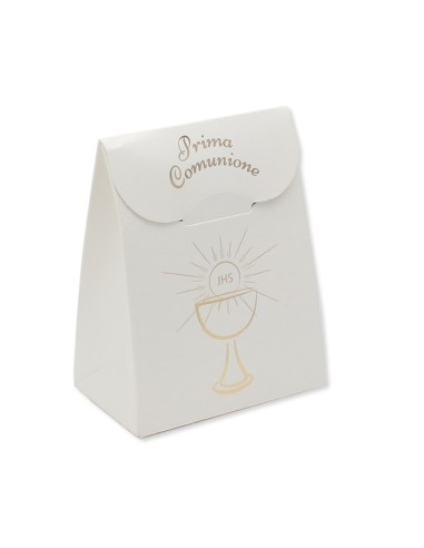 25 SCATOLINE CARTA BIANCA 6 x 8 x 3,5 cm COMUNIONE SCRITTA ORO