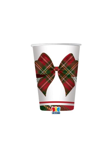 8 BICCHIERI CARTA 200CC NATALE TARTAN HOLLY PLASTIC FREE -