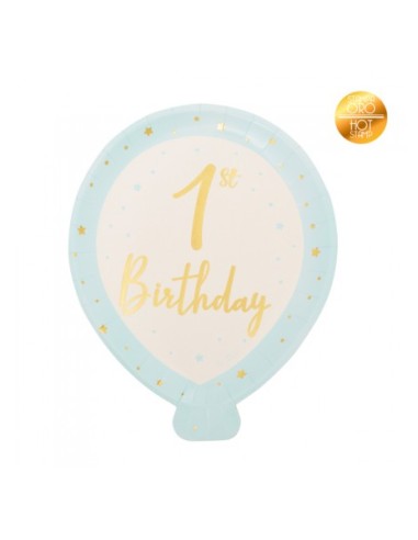 8 PIATTI PALLONE 1ST BIRTHDAY CELESTE E ORO METAL CM20X24 -