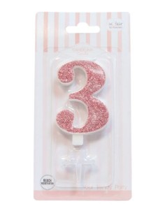 CANDELA GLITTER ROSA GOLD N° 3 CM. 9,5 H. - L'Officina delle 2