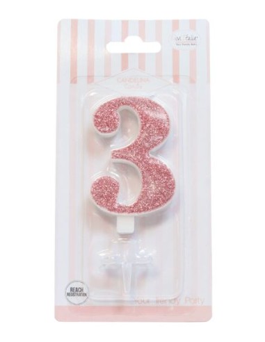 CANDELA GLITTER ROSA GOLD N° 3 CM. 9,5 H. - L'Officina delle