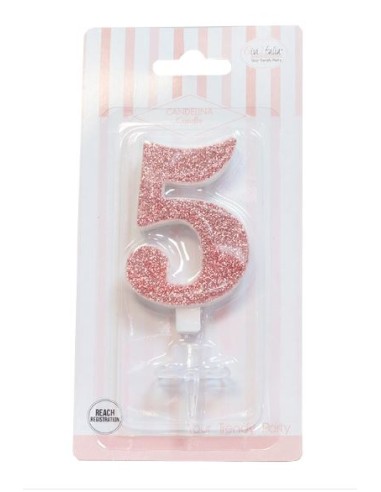 CANDELA GLITTER ROSA GOLD N° 5 CM. 9,5 H. - L'Officina delle