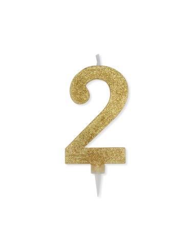 CANDELA NUMERO 2 CERA ORO GLITTER 15CM - L'Officina delle feste