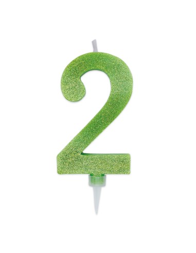 CANDELA NUMERO 2 CERA VERDE M. GLITTER 15CM - L'Officina delle