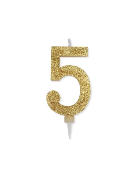 CANDELA NUMERO 5 CERA ORO GLITTER 15CM - L'Officina delle feste