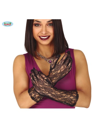 GUANTI RICAMATI NERI EFFETTO PIZZO 36 CM - L'Officina delle