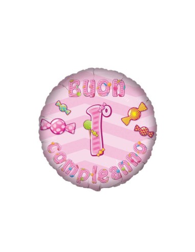 PALLONE MYLAR 18" BUON 1° COMPLEANNO ROSA - L'Officina delle